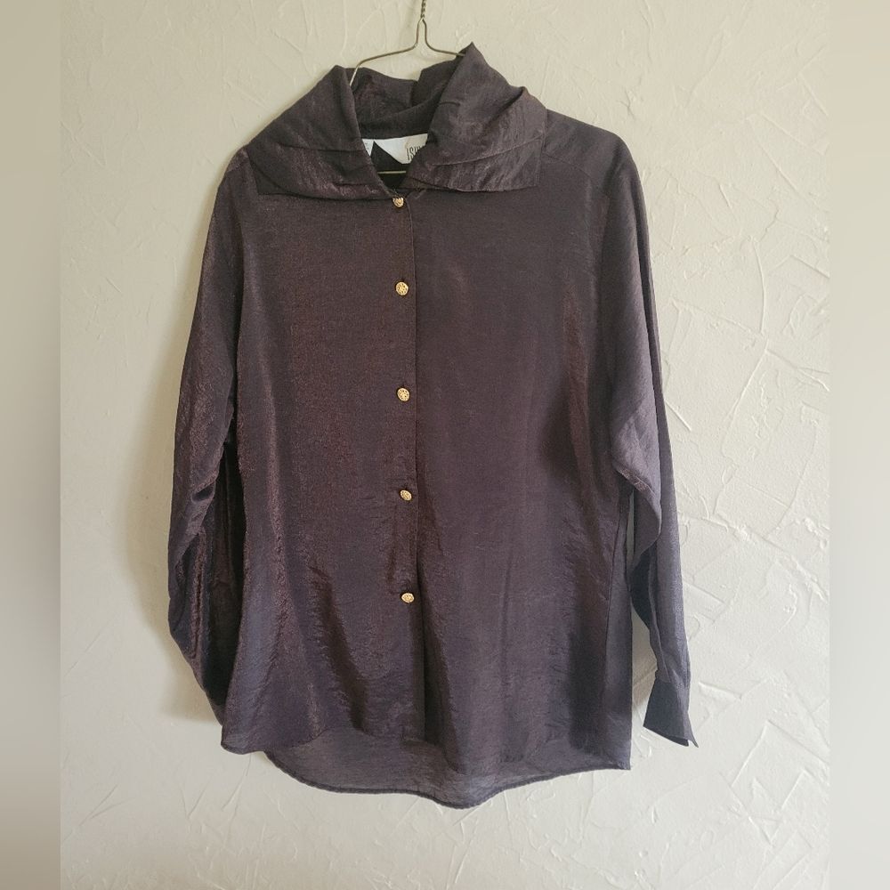 Ishyu collared button down long sleeve chocolate and gold shimmer blouse, sz 8